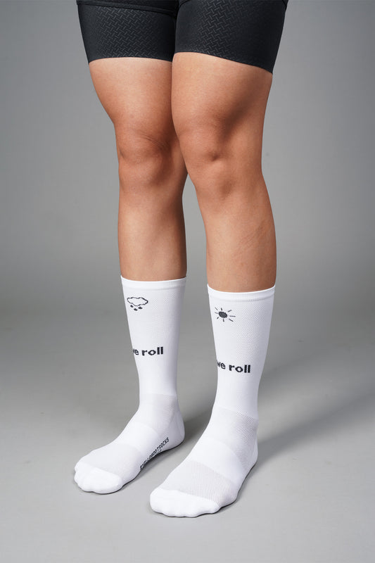 WE ROLL - WHITE FRONT SIDE | BEST CYCLING SOCKS