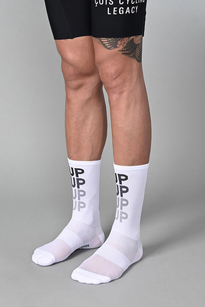 UPUPUP - WHITE FRONT SIDE | BEST CYCLING SOCKS
