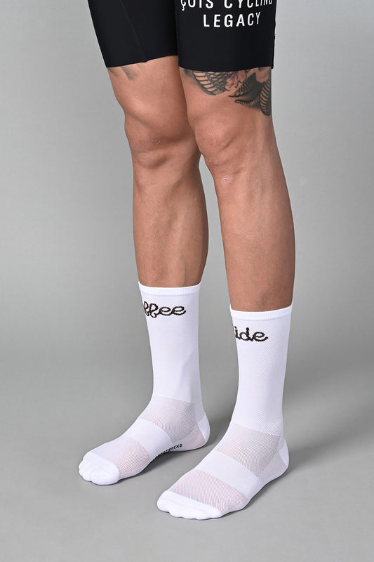 COFFEE RIDE - WHITE FRONT SIDE | BEST CYCLING SOCKS